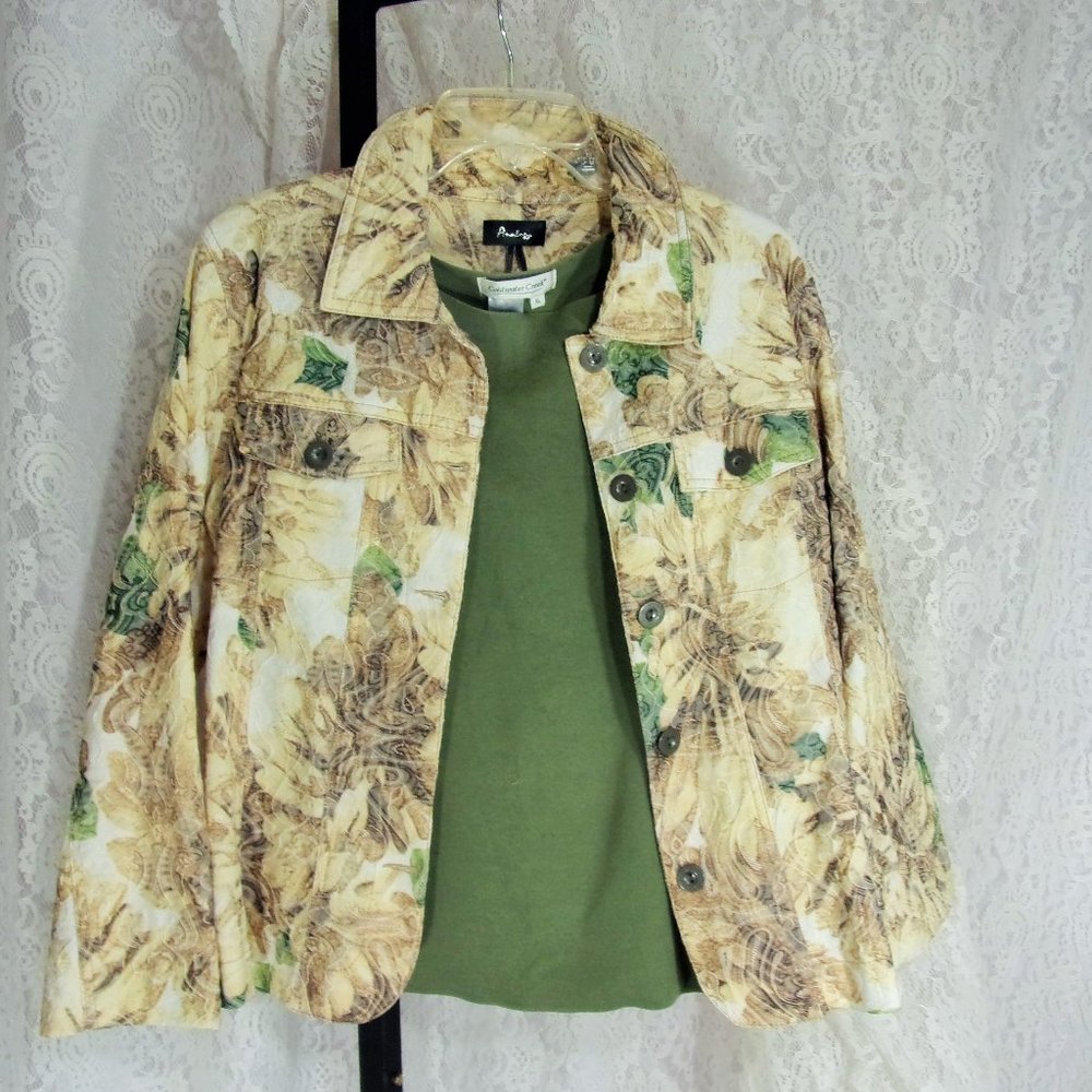Analogy Jacket Floral Print Beige Olive Brown Size L  NWOT